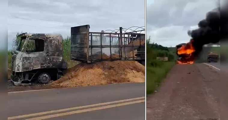Caminhão que transportava soja pega fogo na BR-010 no Pará